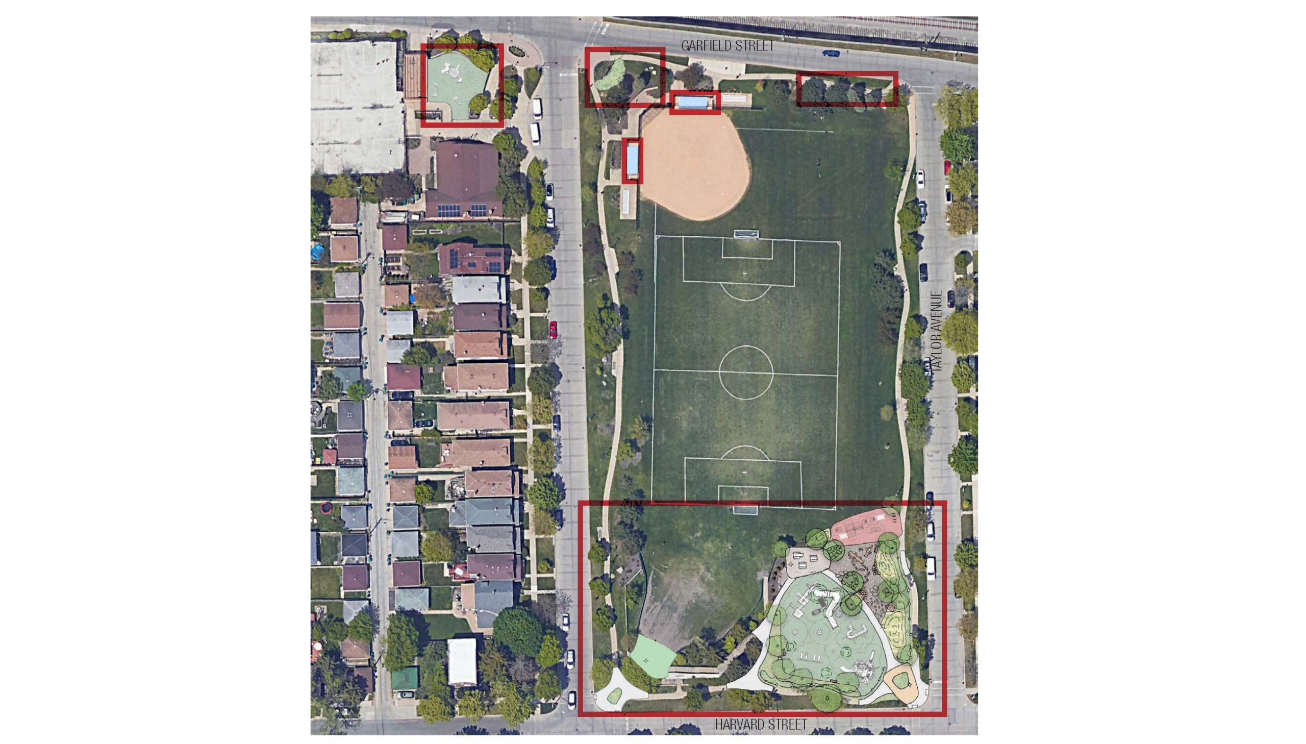 Aerial view of Barrie Park showing proposed improvements including a splash pad, playground, and sports fields.