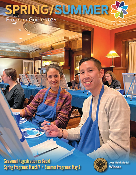 Cover of the Spring/Summer Program Guide 2026, featuring a smiling couple in an art class. Includes registration dates and