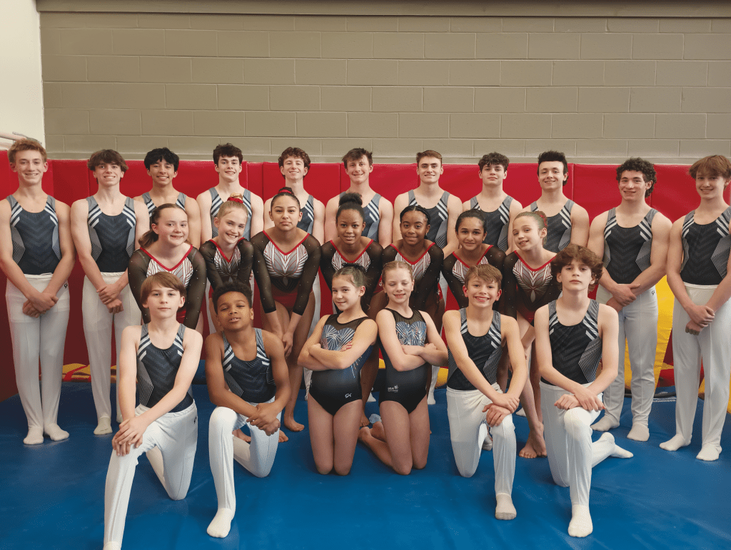 A gymnastics team of young athletes, both male and female, pose for a group photo in their competition leotards and white