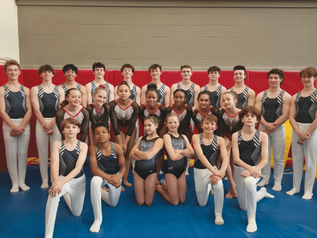 A gymnastics team poses for a group photo in their competition attire.