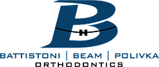Battistoni Beam Polivka Orthodontics logo with a large blue 'B' and braces.
