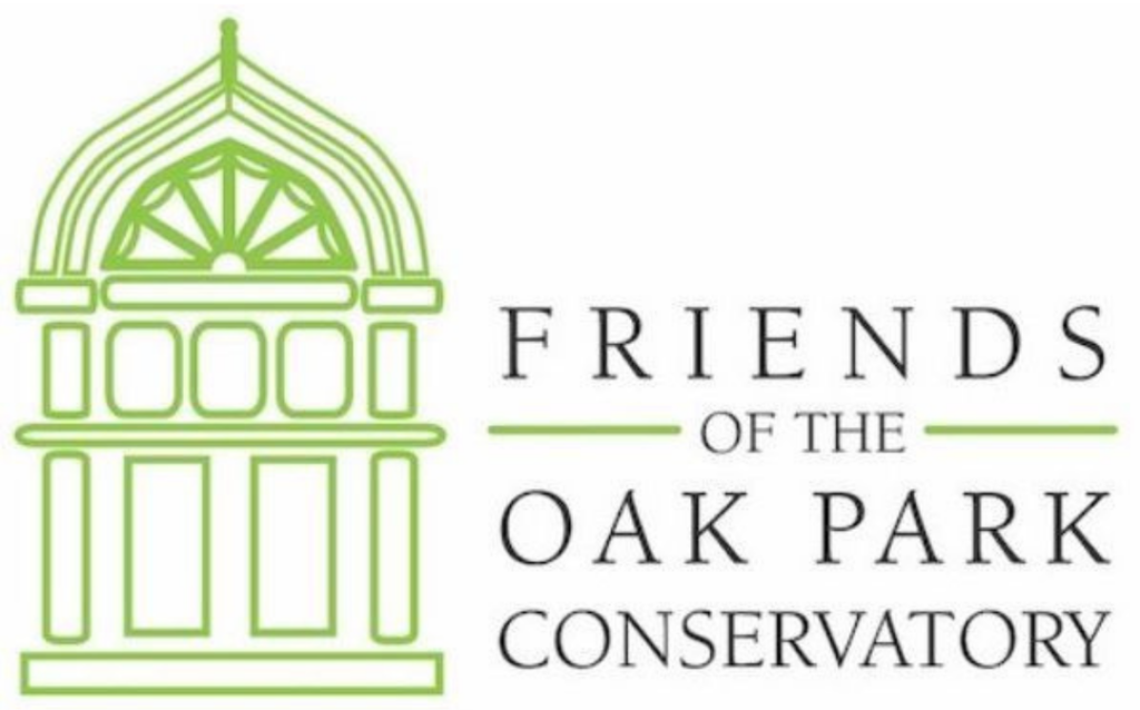 Friends of the Oak Park Conservatory logo featuring a green outline of a building facade and text.