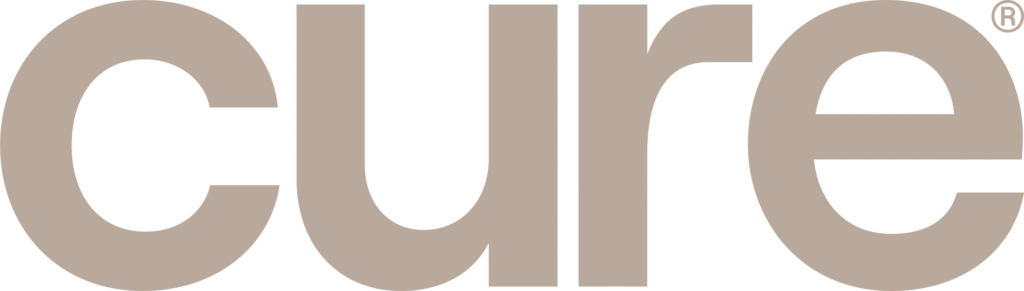 The word 'cure' in a large, sans-serif font, in a muted taupe color. A registered trademark symbol is in the upper right