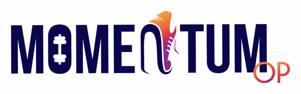The word MOMENTUM is displayed in dark blue. The 'O' in MOMENTUM is replaced by a dumbbell icon. The 'T' in MOMENTUM is