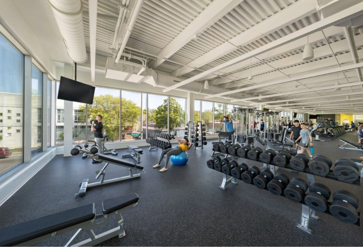 People exercising in a bright, modern gym with large windows, weight machines, and free weights.