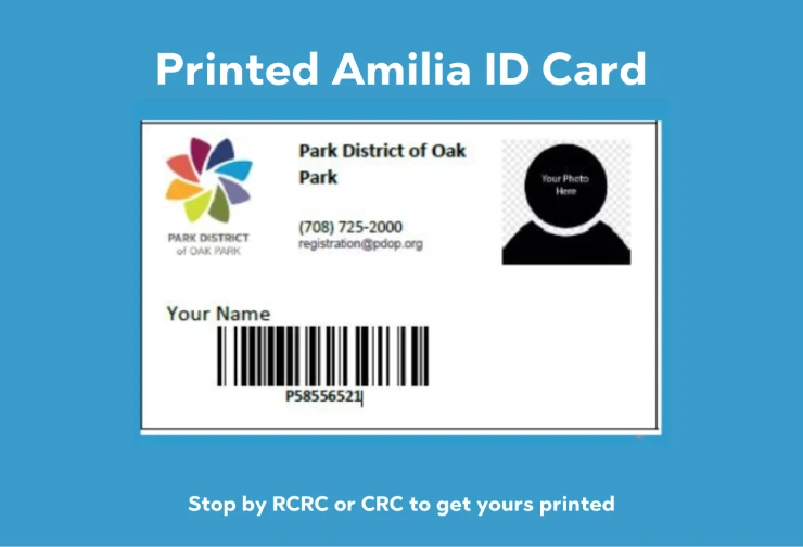Example of a printed Park District of Oak Park ID card with a barcode and space for a photo.