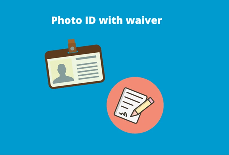 Illustration of a photo ID badge and a document with a signature and pencil, representing check-in requirements.