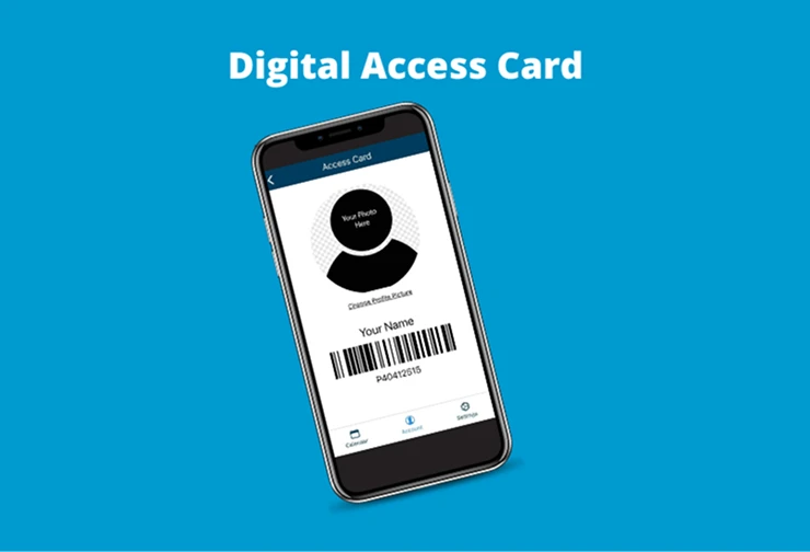 Smartphone displaying a digital access card with a placeholder for a photo, name, and barcode.