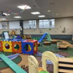 nature themed rug with climbing apparatus like slides, rockers, and steps